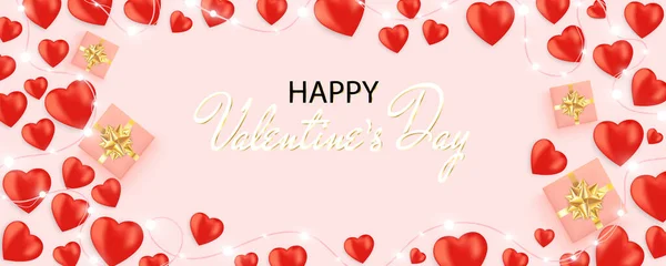 Happy Valentines Day Banner mit leuchtenden Lichtergirlanden, Glühbirnen, Herzen, Geschenkbox auf rosa Hintergrund. — Stockvektor