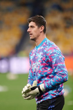KYIV, UKRAINE - 19 Ekim 2021 Thibaut Courtois. UEFA Şampiyonlar Ligi karşılaşması FC Shakhtar Donetsk - FC Real Madrid