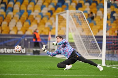 KYIV, UKRAINE - 19 Ekim 2021 Thibaut Courtois. UEFA Şampiyonlar Ligi karşılaşması FC Shakhtar Donetsk - FC Real Madrid