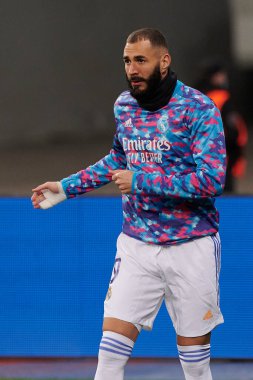 KYIV, UKRAINE - 19 Ekim 2021: Karim Benzema (yardımcı kaptan). UEFA Şampiyonlar Ligi karşılaşması FC Shakhtar Donetsk - FC Real Madrid