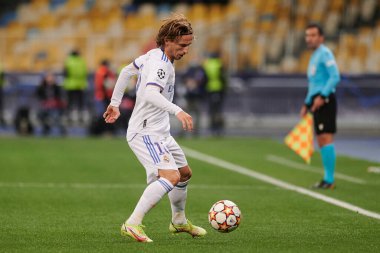 KYIV, UKRAINE - 19 Ekim 2021: Luka Modriç. UEFA Şampiyonlar Ligi karşılaşması FC Shakhtar Donetsk - FC Real Madrid