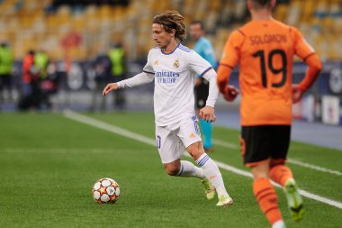 KYIV, UKRAINE - 19 Ekim 2021: Luka Modriç. UEFA Şampiyonlar Ligi karşılaşması FC Shakhtar Donetsk - FC Real Madrid