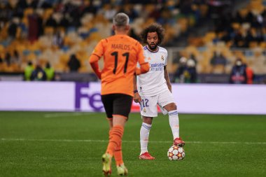 KYIV, UKRAINE - 19 Ekim 2021: Marcelo (kaptan). UEFA Şampiyonlar Ligi karşılaşması FC Shakhtar Donetsk - FC Real Madrid
