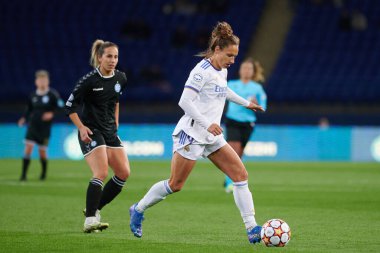 KHARKIV, UKRAINE - 6 Ekim 2021 Babett Peter. FC Kharkiv ile FC Real Madrid arasındaki UEFA Kadınlar Şampiyonlar Ligi karşılaşması