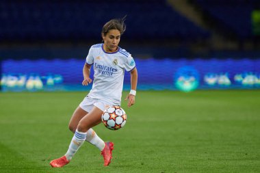 KHARKIV, UKRAINE - 6 Ekim 2021: Lorena Navarro FC Kharkiv - FC Real Madrid arasındaki UEFA Kadınlar Şampiyonlar Ligi maçı sırasında