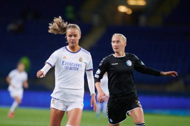 KHARKIV, UKRAINE - 6 Ekim 2021 Caroline Moller. UEFA Kadınlar Ligi karşılaşması FC Kharkiv ile FC Real Madrid arasındaki
