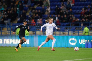 KHARKIV, UKRAINE - 6 Ekim 2021 Caroline Moller. UEFA Kadınlar Ligi karşılaşması FC Kharkiv ile FC Real Madrid arasındaki