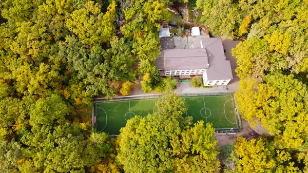 Vista Aérea Campo Futebol Vazio Floresta Conceito Viagem Desportiva — Fotografia de Stock