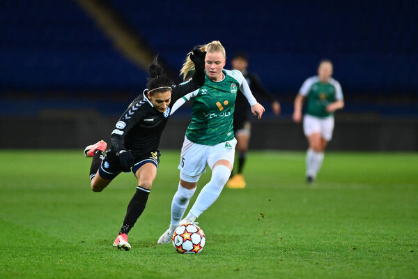 KHARKIV, UKRAINE - NOVEMBER 8, 2021: Agla Maria Albertsdottir vs Olha Boychenko the match Women Champions League WFC Kharkiv vs WFC Breidablik 