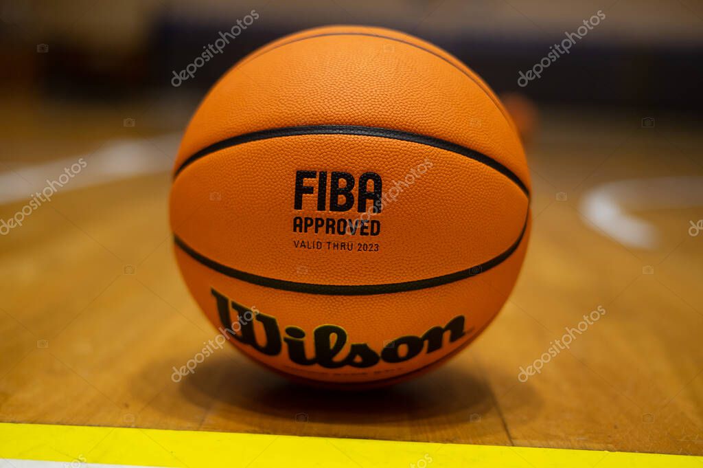KHARKIV, UKRAINE - JANUARY 4, 2022: The basketball match of Ukrainian Cup BC Sokoly vs BC Khimik. Wilson basketball ball