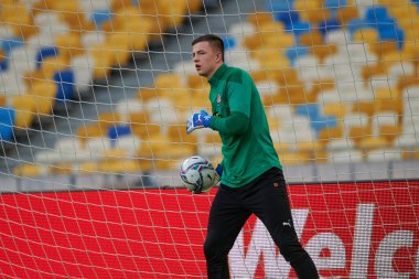 KYIV, UKRAINE - OCTOBER 15, 2021: goalkeeper Anatolii Trubin (81). The football match of UPL, FC Shakhtar Donetsk vs FC Zorya Luhansk