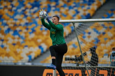 KYIV, UKRAINE - OCTOBER 15, 2021: goalkeeper Anatolii Trubin (81). The football match of UPL, FC Shakhtar Donetsk vs FC Zorya Luhansk