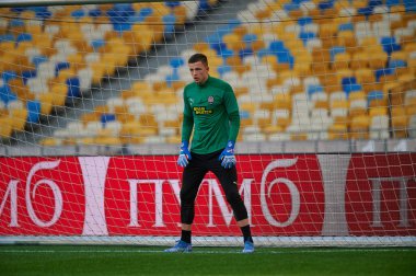 KYIV, UKRAINE - OCTOBER 15, 2021: goalkeeper Anatolii Trubin (81). The football match of UPL, FC Shakhtar Donetsk vs FC Zorya Luhansk