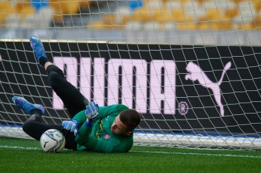 KYIV, UKRAINE - OCTOBER 15, 2021: goalkeeper Anatolii Trubin (81). The football match of UPL, FC Shakhtar Donetsk vs FC Zorya Luhansk
