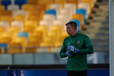 KYIV, UKRAINE - OCTOBER 15, 2021: goalkeeper Anatolii Trubin (81). The football match of UPL, FC Shakhtar Donetsk vs FC Zorya Luhansk