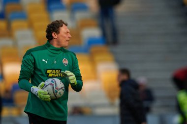 KYIV, UKRAINE - OCTOBER 15, 2021: goalkeeper Andriy Pyatov (30). The football match of UPL, FC Shakhtar Donetsk vs FC Zorya Luhansk