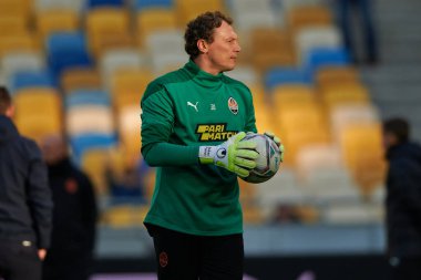 KYIV, UKRAINE - OCTOBER 15, 2021: goalkeeper Andriy Pyatov (30). The football match of UPL, FC Shakhtar Donetsk vs FC Zorya Luhansk