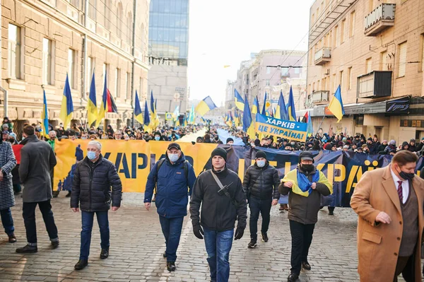 Kharkiv Ukrajina Februarie 2022 Březen Pro Ukrajinu Válce Ruskem Členové — Stock fotografie zdarma