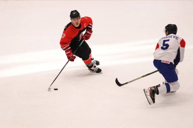 TYCHY, POLAND - 26 Nisan 2022: IIHF 2022 Buz Hokeyi Dünya Şampiyonası Div 1B Sırbistan Japonya 'ya karşı