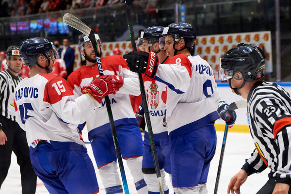 TYCHY, POLAND - APRIL 29, 2022: The hockey match of IIHF 2022 Ice Hockey World Championship Div 1B Serbia - Poland