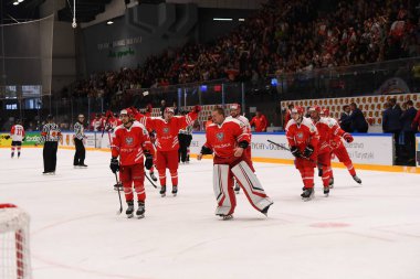 TYCHY, POLAND - 29 Nisan 2022: Polonya 1B 'yi kazandı. IIHF 2022 Dünya Buz Hokeyi Şampiyonası Polonya - Japonya