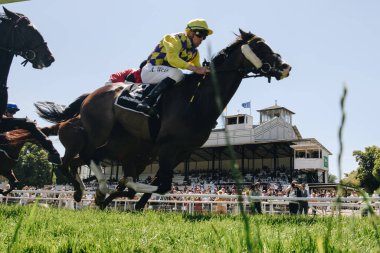 KOLOGNE, GERMANY - 16 Haziran 2022: Güneşli havalarda At yarışı Feiertags-Renntag Jubilumspreis. 