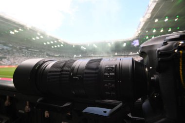 MOENCHENGLADBACH, GERMANY - AUGUST 6, 2022: Nikon and Borussia Park. The football match of Bundesliga  Borussia Moenchengladbach vs TSG 1899 Hoffenheim.