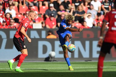 Leverkusen, Germany - August 20, 2022: Georginio Rutter scoring goal. The match of Bundesliga FC Bayer 04 Leverkusen vs TSG 1899 Hoffenheim