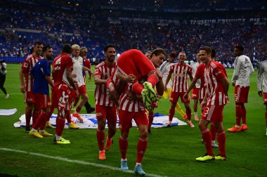 GELSENKIRCHEN,  GERMANY - AUGUST 27, 2022: Players of Union celebrating won. The football match of Bundesliga FC Schalke 04 vs Union Berlin