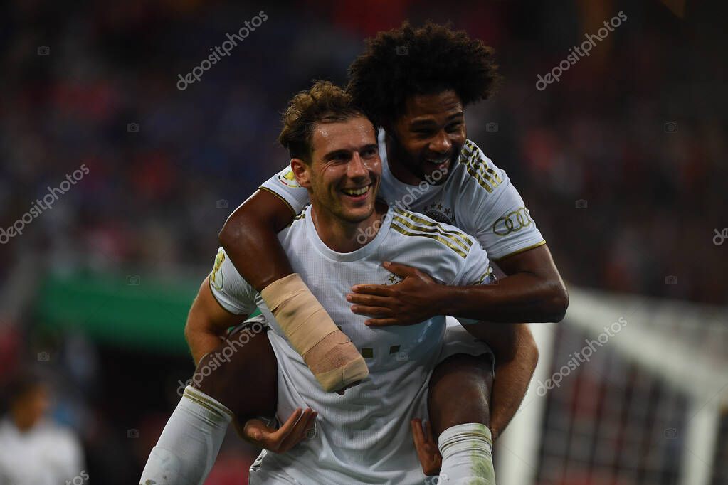 KOELN, GERMANY - AUGUST 28 2022: Goal celebrating Serge Gnabry and Leon Goretzka. Rhein Energie Stadion. The football match of DFB-Pokal Viktoria Koeln vs FC Bayern Munich