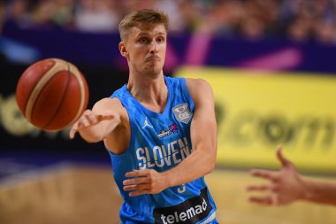 COLOGNE, GERMANY - SEPTEMBER 1, 2022: Luka Rupnik. The basketball match of Eurobasket 2022 Hungary - Slovenia