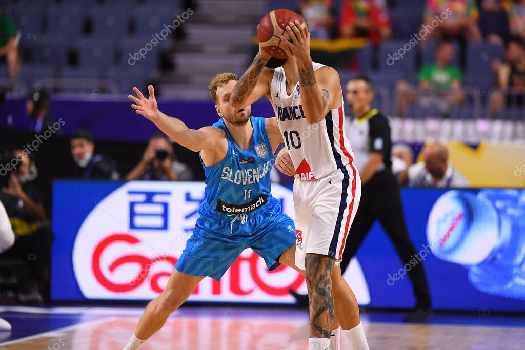 COLOGNE, GERMANY - SEPTEMBER 7, 2022: Jaka Blazic vs Evan Fournier. The basketball match of Eurobasket 2022 France vs Slovenia
