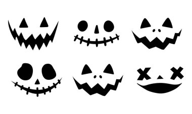 Cadılar Bayramı kabağı ya da hayalet yüz vektörü seti. Beyaz arka planda izole edilmiş ürkütücü balkabağı gülüşü..