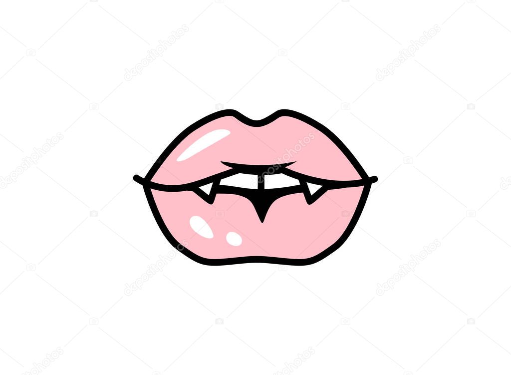 Vector vampire lips. Halloween vector illustration. Mouth with fangs. Pink Female lips