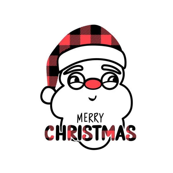 Illustrazione vettoriale di Babbo Natale con cappello, barba e occhiali. Buffalo plaid. Carino disegno di Natale — Vettoriale Stock