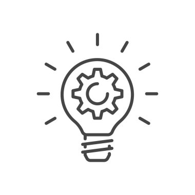 Merkezde dişli tekerli siyah yanan ampulün yaratıcı vektör çizgisi simgesi beyaz arkaplanda izole edilmiş