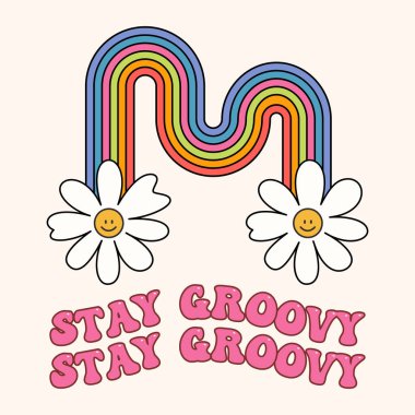 Gülümseyen çiçekli hippi gökkuşağı. Tişört ya da çıkartma için klasik illüstrasyonlu 