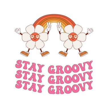 Gülümseyen çiçekli hippi gökkuşağı. Tişört ya da çıkartma için klasik illüstrasyonlu 