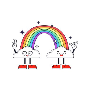 Papatya çiçekli neşeli gökkuşağı karakteri. Komik LGBT etiketi.