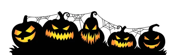 Horizontal Banner Spooky Pumpkins Spider Web Funny Halloween Vector Illustration —  Vetores de Stock