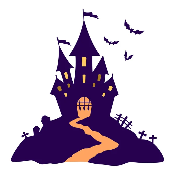 Vector Illustration Bats Flying Spooky Halloween Haunted House Windows Cemetery — ストックベクタ