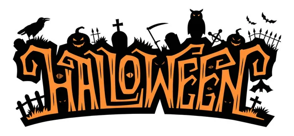 Vector Illustration Creative Halloween Inscription Images Jack Lantern Tombstone Crow —  Vetores de Stock