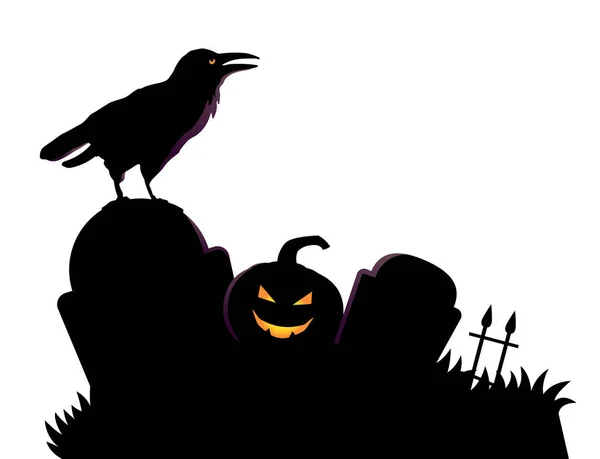 Midnight Graveyard Silhouette Crow Pumpkin Spooky Halloween Vector Illustration — Vetor de Stock