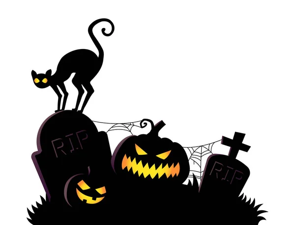 Midnight Graveyard Silhouette Pumpkin Cat Spooky Halloween Illustration — Stock Vector