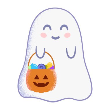 Creative vector illustration with cute Halloween ghost with pumpkin basket of colorful lollipops in hands against white background