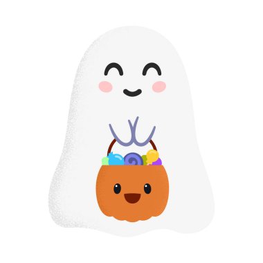 Creative vector illustration with cute Halloween ghost with pumpkin basket of colorful lollipops in hands against white background