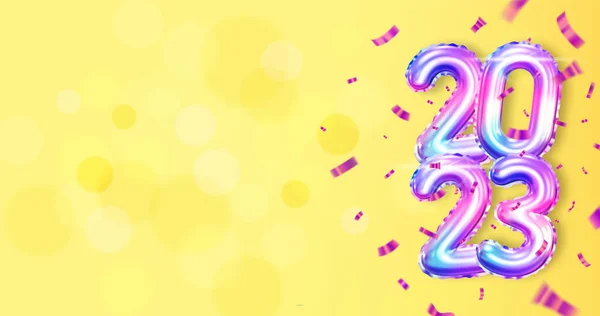 2023 그래픽 Foil Balloon Numbers Yellow Background New Year Horizontal — 스톡 벡터