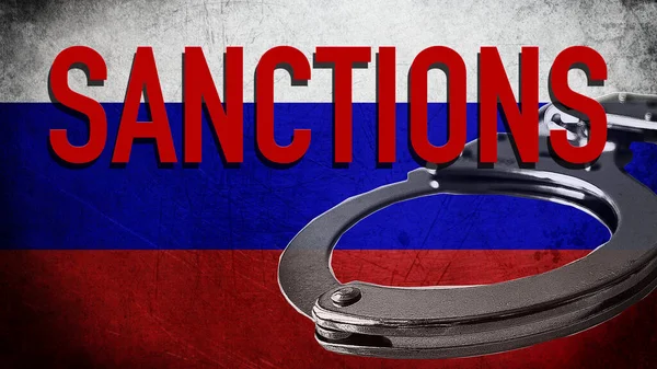 Sanktioner mot Ryssland ryska flagga handbojor bakgrund koncept Stockfoto
