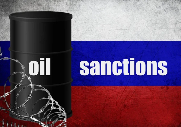 Olja sanktioner mot Ryssland fat taggtråd ryska flagga bakgrund Royaltyfria Stockbilder