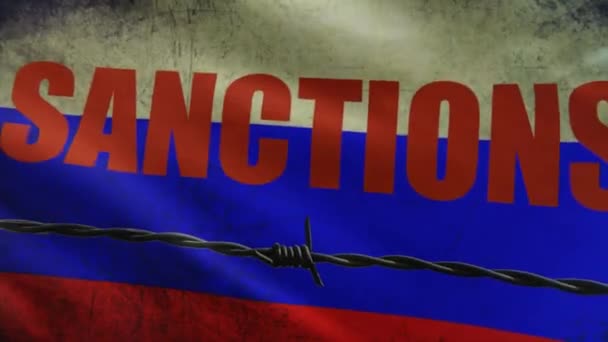 Sancties tegen Rusland Achtergrondconcept Russische vlaggenlus prikkeldraad — Stockvideo